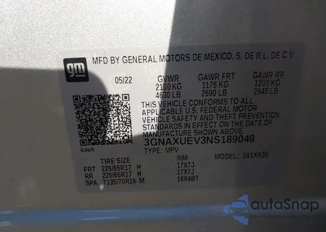 2022 Chevrolet Equinox Awd Lt из США, поврежденный, VIN 3GNAXUEV3NS189049